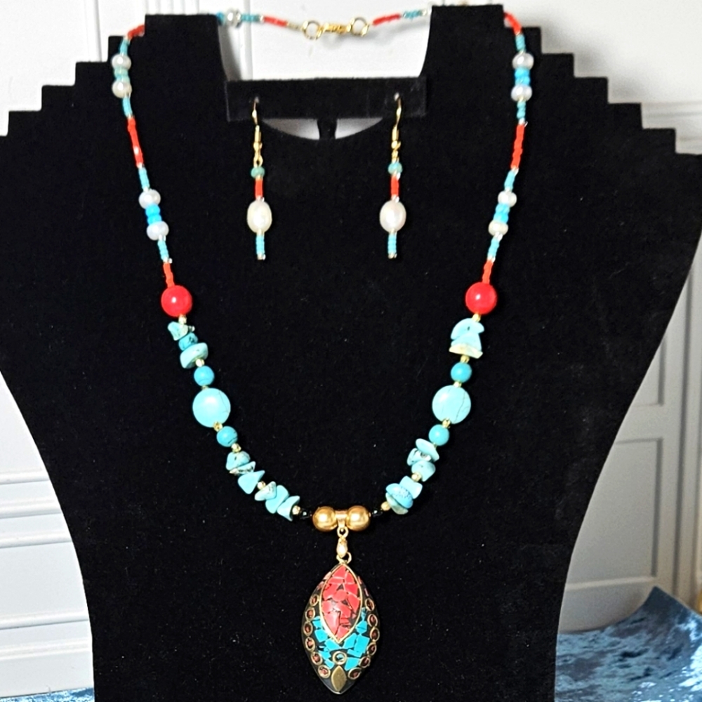 Necklace And Earrings Set Featuring Antique Tibetan Pendant